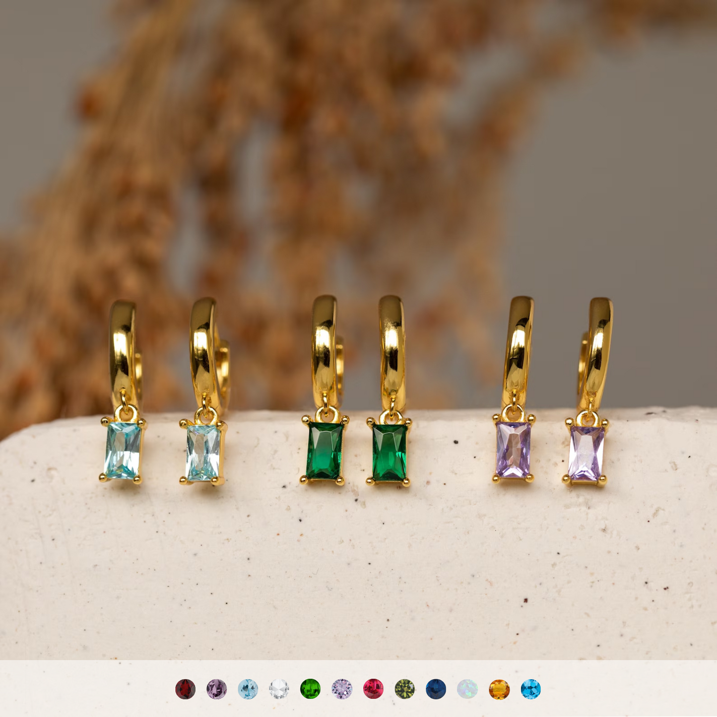 Créoles Baguette Pierre de Naissance – Boucles d’oreilles Huggies avec Pierre de Naissance