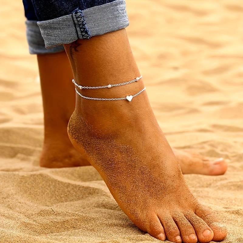Mini Bracelet de Cheville en Cœur - Bracelet de Cheville Amour à Double Couches