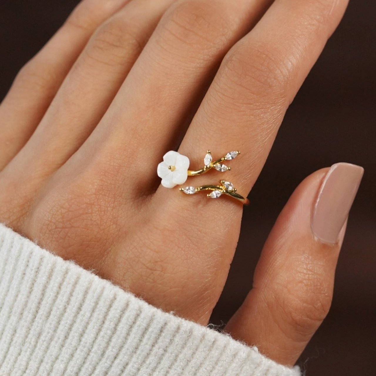 Wildflower Ring - Bague Pétale avec Coquillage et Cristal