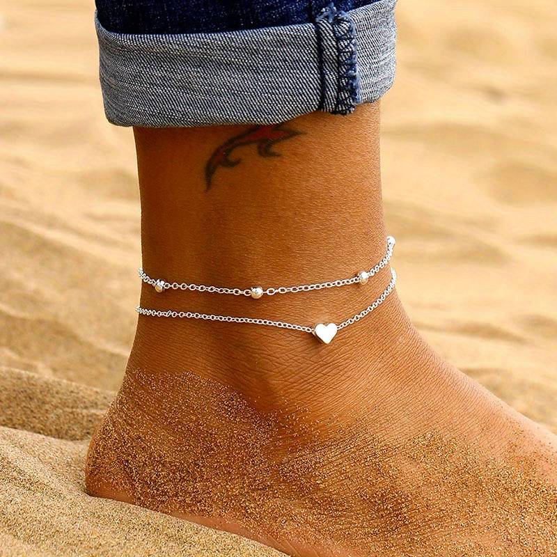 Mini Bracelet de Cheville en Cœur - Bracelet de Cheville Amour à Double Couches