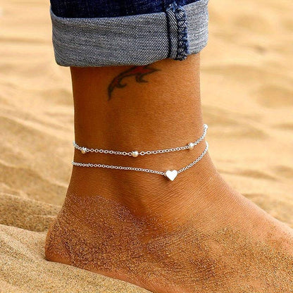 Mini Bracelet de Cheville en Cœur - Bracelet de Cheville Amour à Double Couches