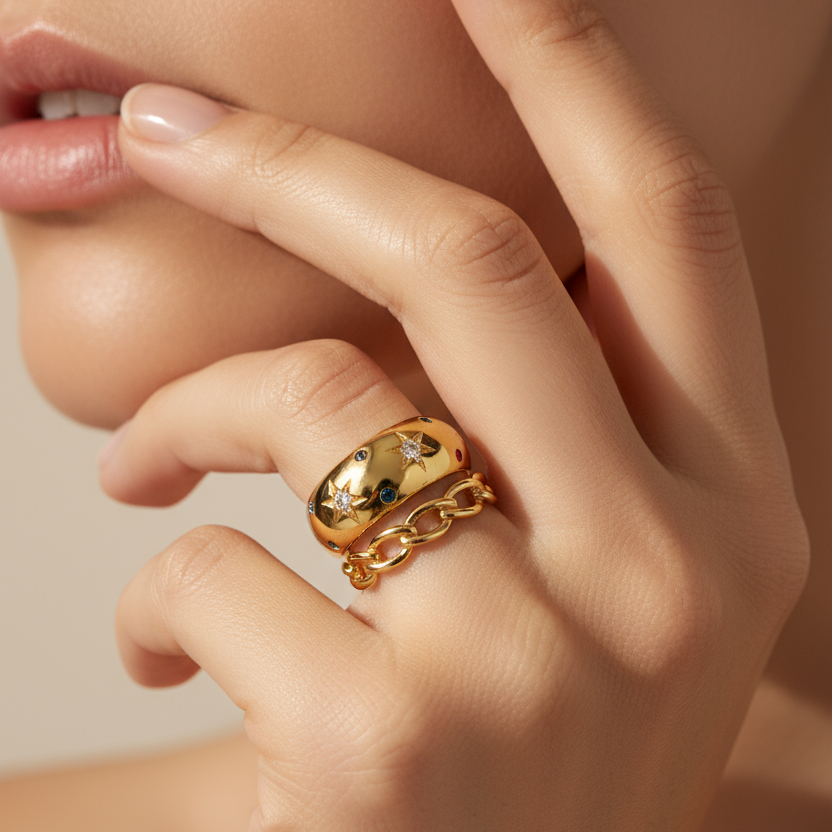 Lanie – Bague Double Anneau Étoile Scintillante
