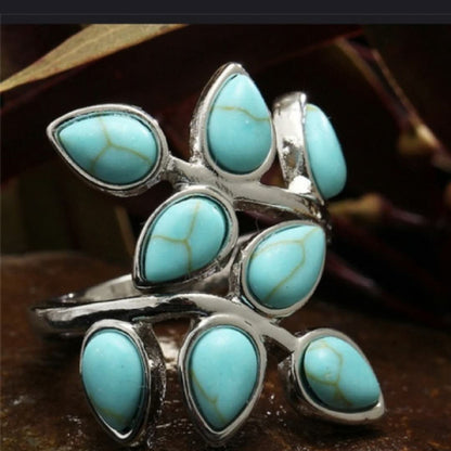 Thalie – Bague Ajustable avec Feuilles Turquoise