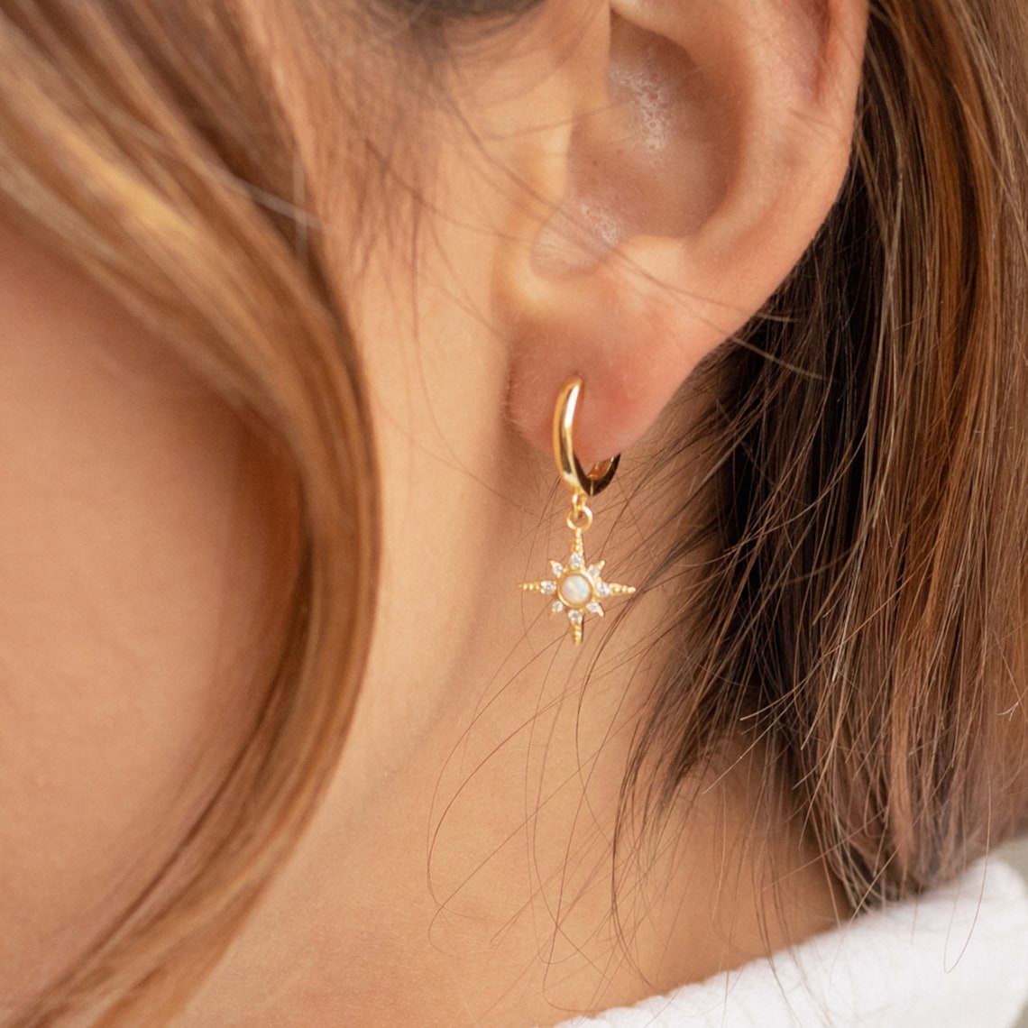 Starburst Opal Huggie Earrings - Zircon Star Earrings