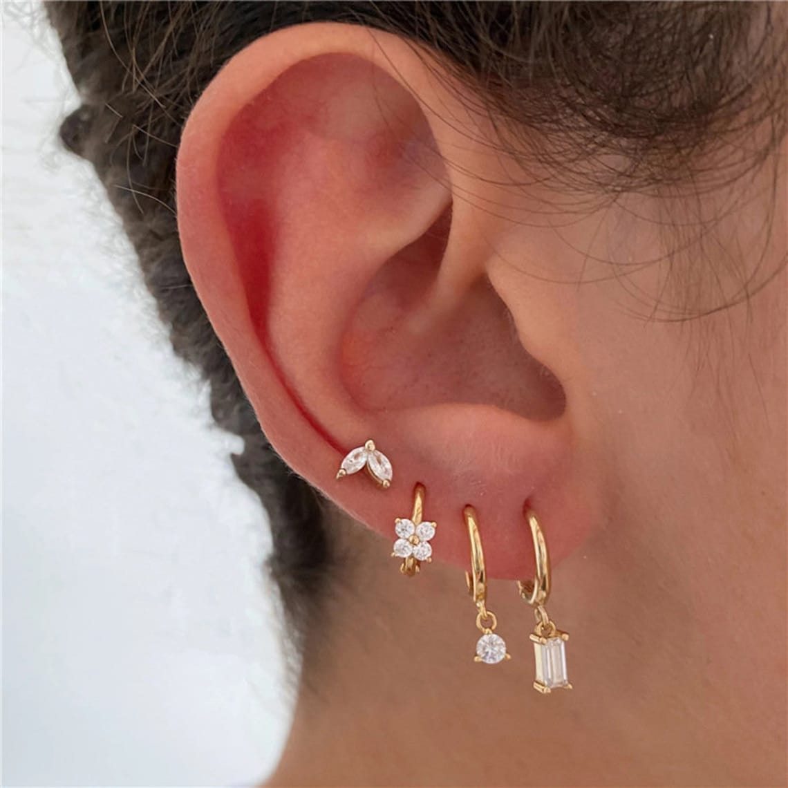 Set de boucles d'oreilles 4 pièces - Zirconia géométrique en forme de marquise et fleur