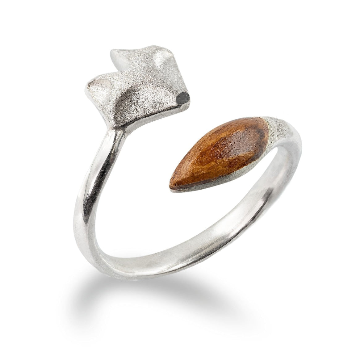 Bague ajustable en bois avec visage de renard - Bague en argent avec motif de renard