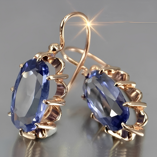 Calista – Boucles d'Oreilles Vintage Dorées avec Cristal Bleu