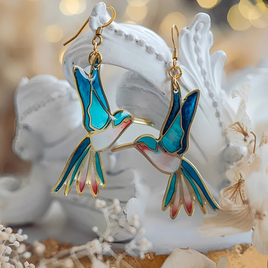 Amandine – Boucles d’Oreilles Vintage Colibri Émail Bleu