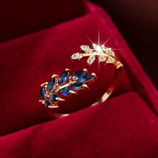 Azura – Bague Ouverte en Or avec Feuille et Cubic Bleu