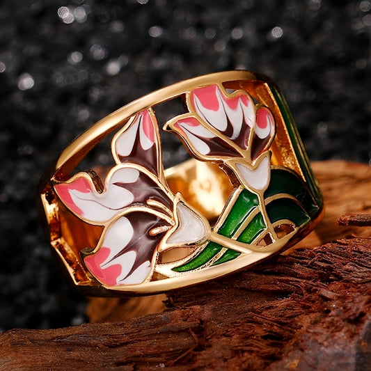 Cess – Bague Émaillée Dorée Fleurie Vintage