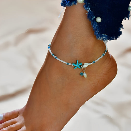 Isla – Bracelet Cheville Étoile & Coquillage avec Pierres Naturelles