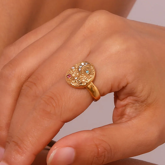 Solenya – Bague Cristal Doré Motif Soleil-Lune