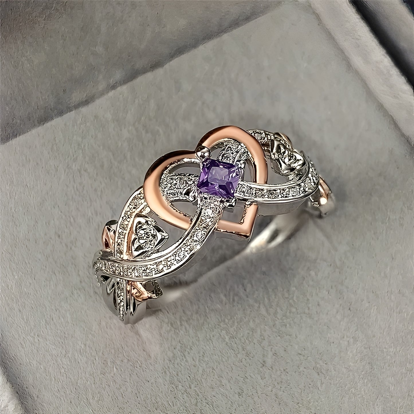 Monica – Bague Coeur Violet Eclat Or & Argent