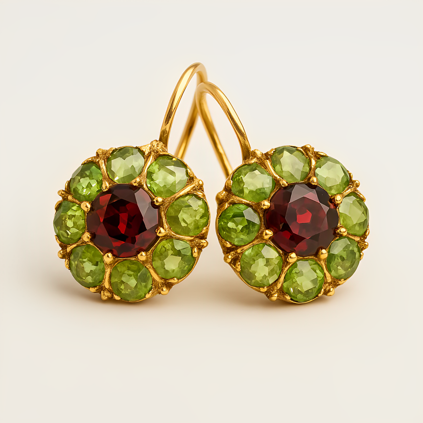 Selene – Boucles d’Oreilles Rétro Rondes avec Cristaux Verts et Rouges