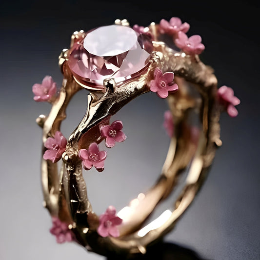 Elina – Bague en Or Enchantée avec Cristal Rose et Fleurs