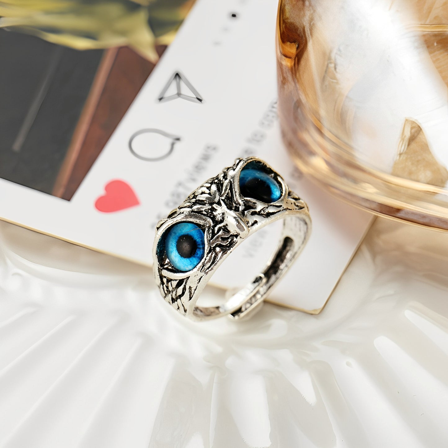Niva – Bague Chouette Porte-Bonheur Ajustable en Argent et Opale