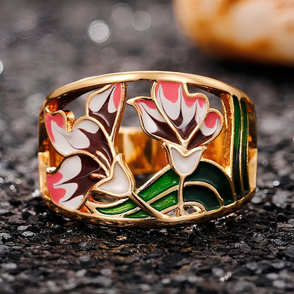 Cess – Bague Émaillée Dorée Fleurie Vintage