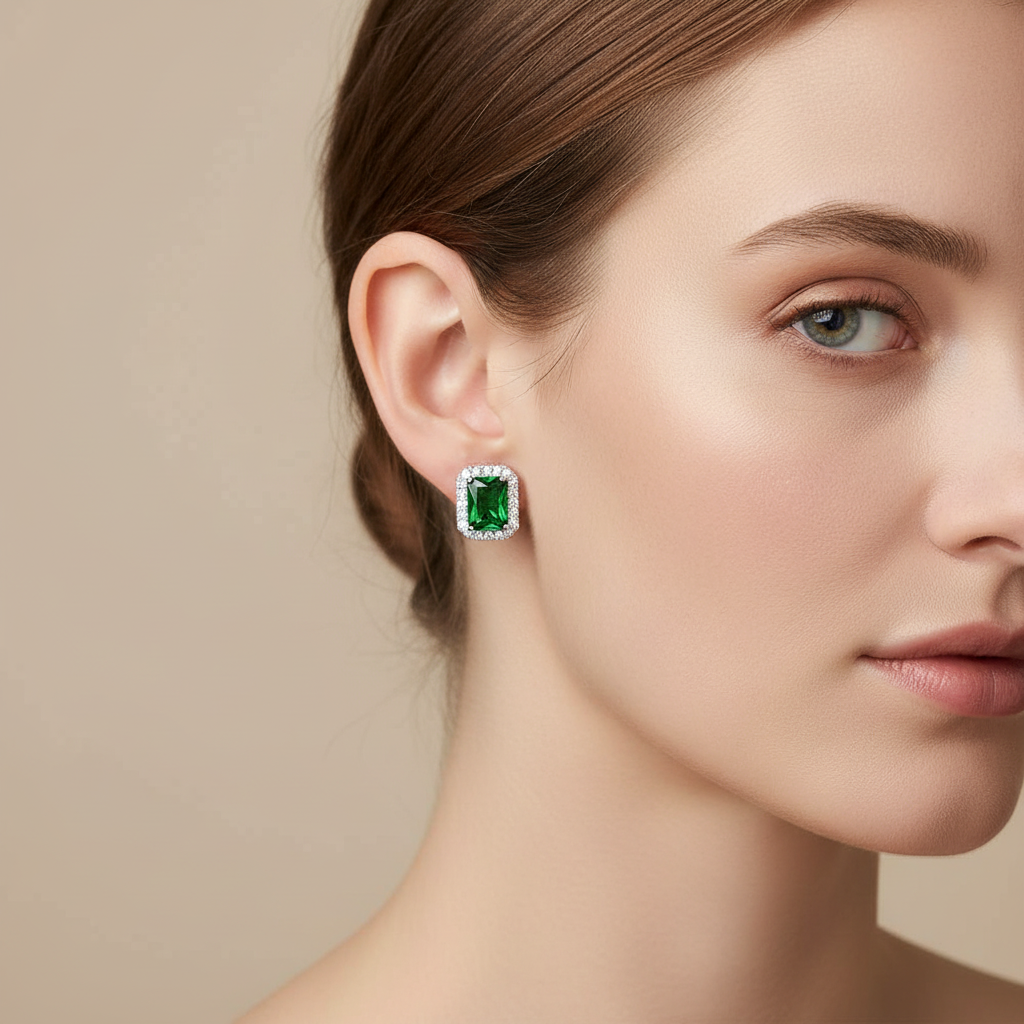 Elianne – Boucles Carrées Serties de Zircons Verts