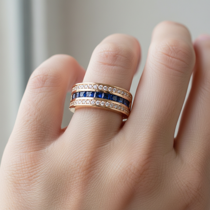 Ronan – Bague Homme Carrée Cristaux & Saphir Doré