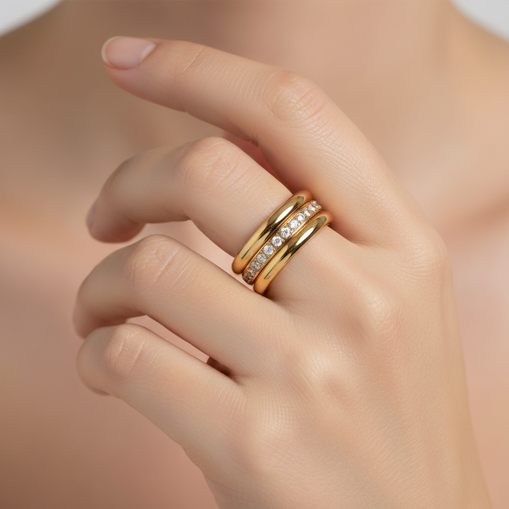 Camille – Set bracelet, bague et anneau plaqué or avec zircons