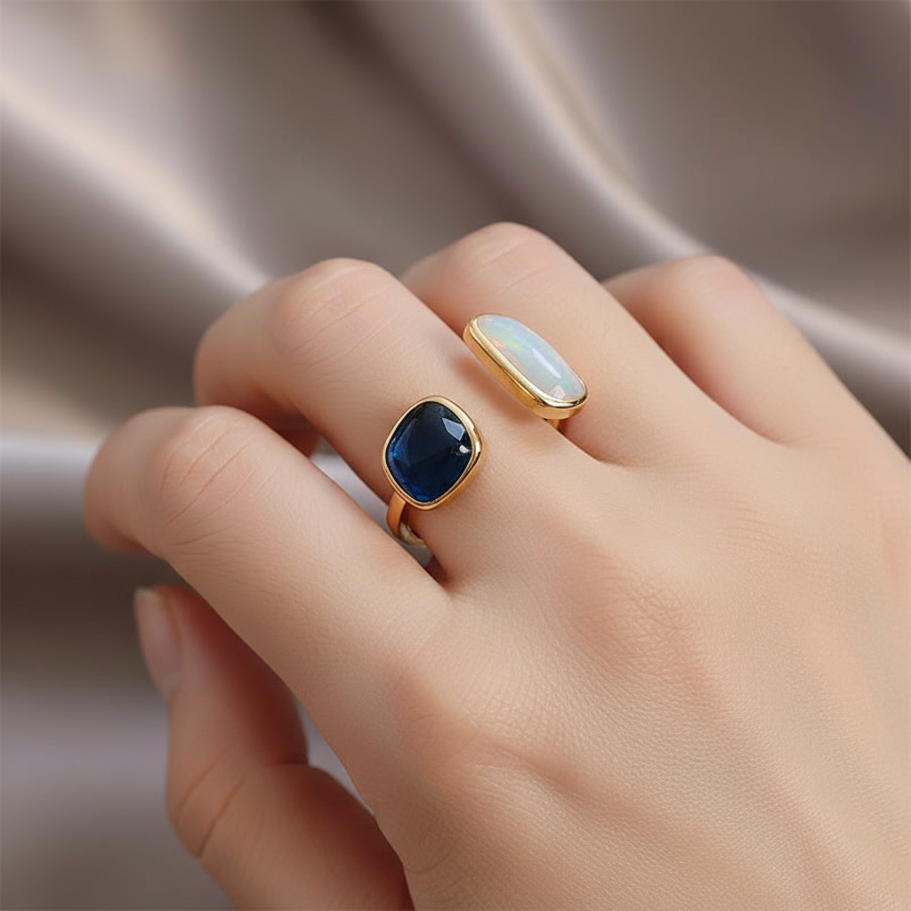 Hana – Bague Ouverte Élégante Bleu Émaillé Style Coréen
