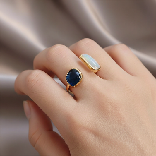 Hana – Bague Ouverte Élégante Bleu Émaillé Style Coréen